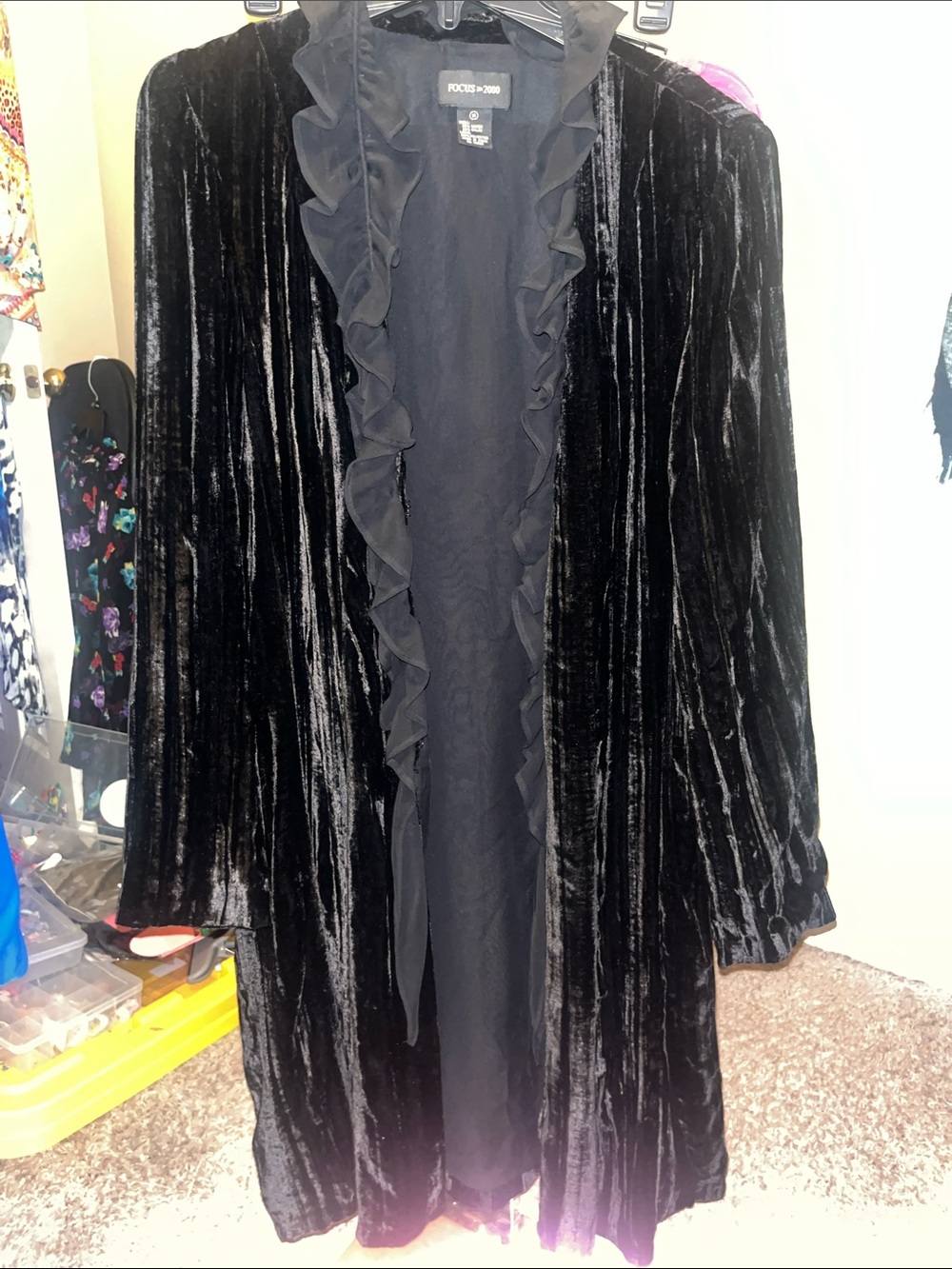 Focus 2000 Black Velvet Ruffle-Trim Robe